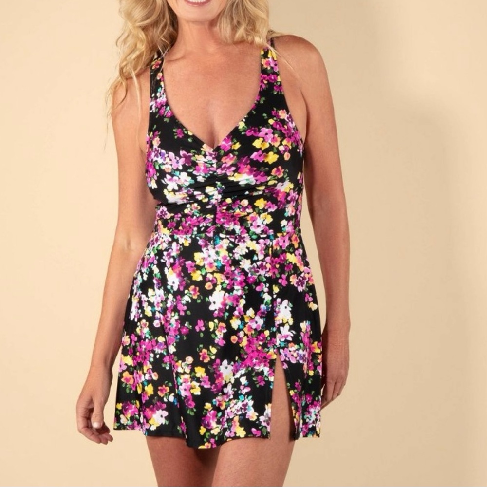 Lands' End Black Floral One-Piece Swimdress